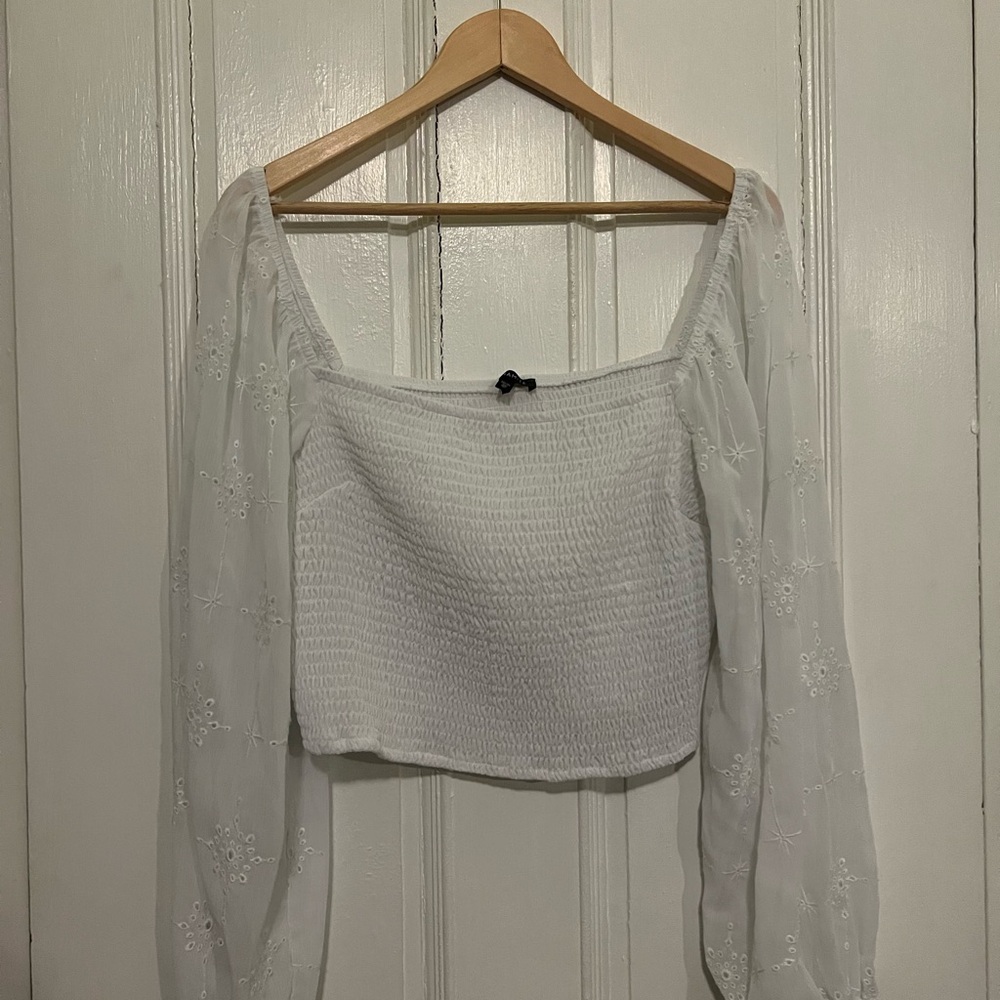 Dynamite XL White Smocked Crop Top with Sheer Embroidered Sleeves